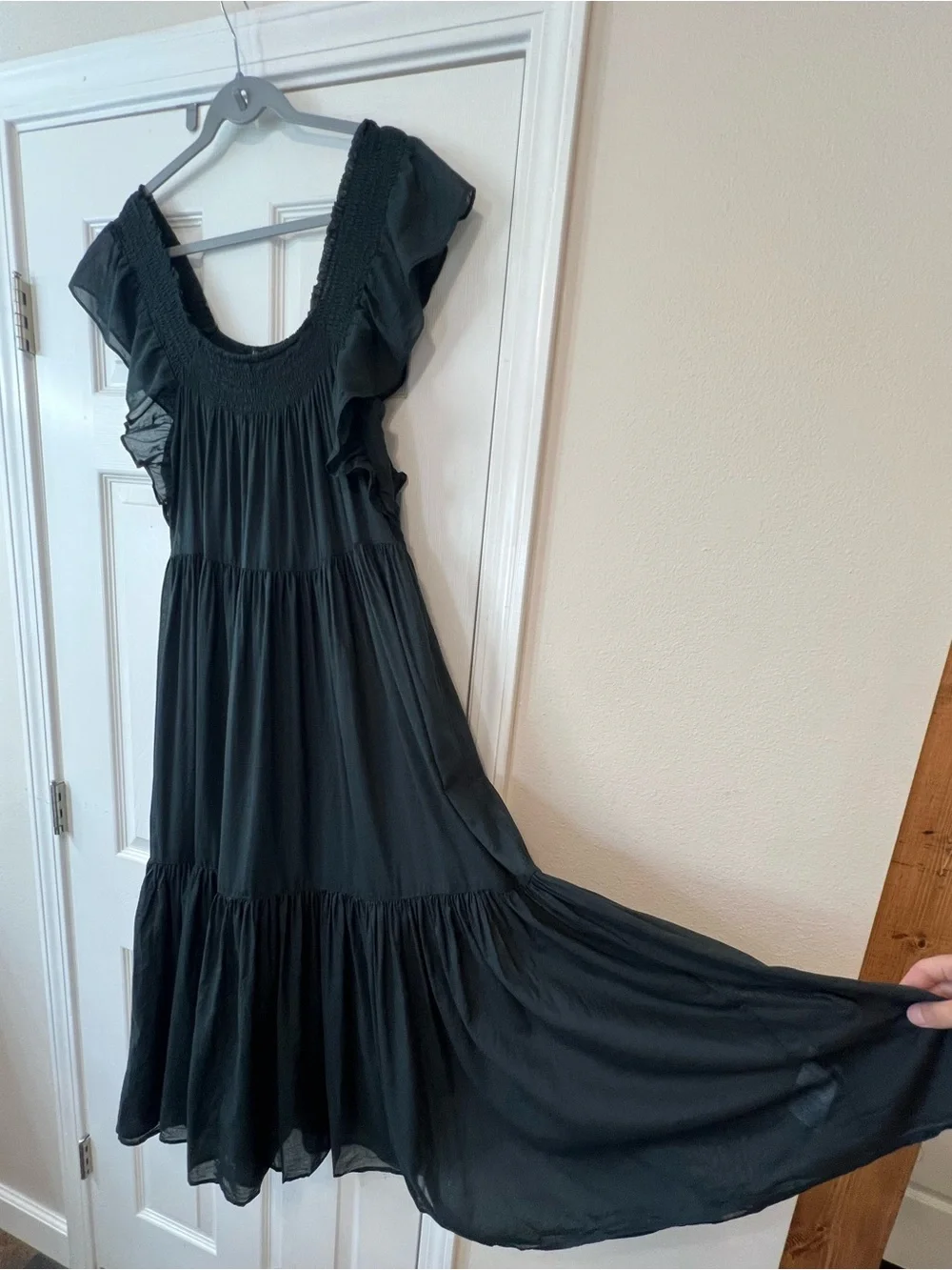 J.Crew Black Sheer Cotton Tiered Maxi Dress Flutter Sleeve Smocked Boho Prairie